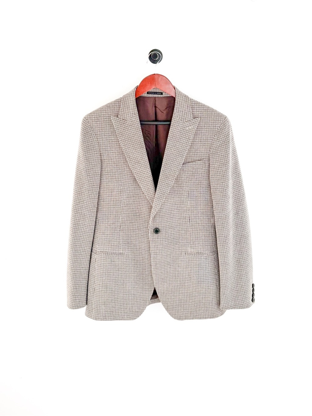 NEW Reiss Men's Plaid Cotton - Wool Houndstooth Blazer Beige Brown 38R Jacket - Picture 3 of 16